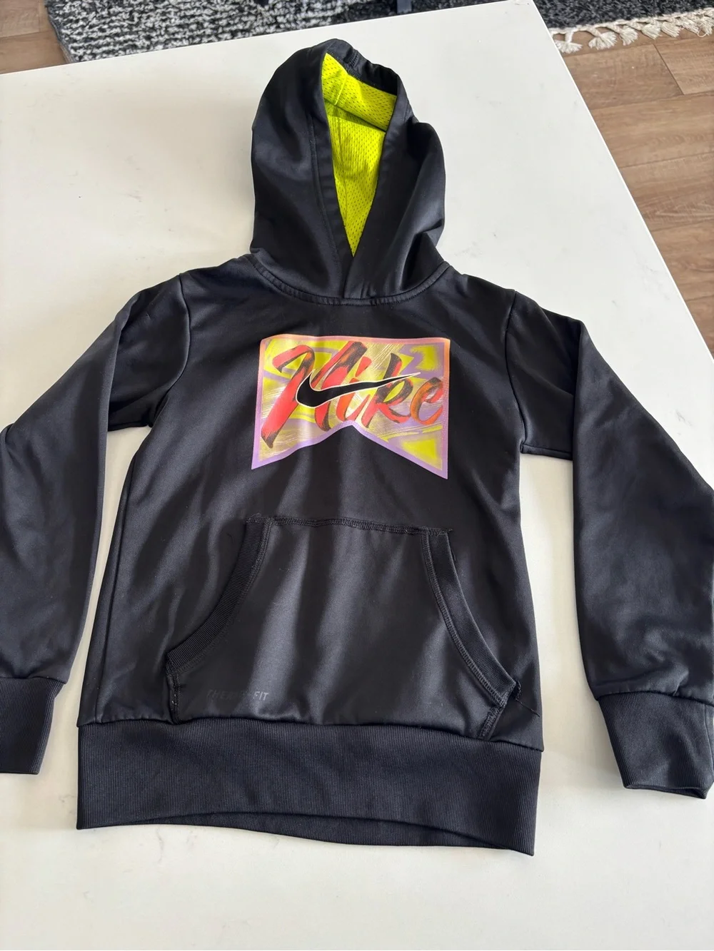 Nike Black Kids' Hoodie with Neon Yellow Lined Hood and Multicolor Logo